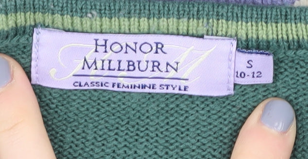 Brand and care label for Honor Millburn Women's Green Striped Pullover, size 10-12