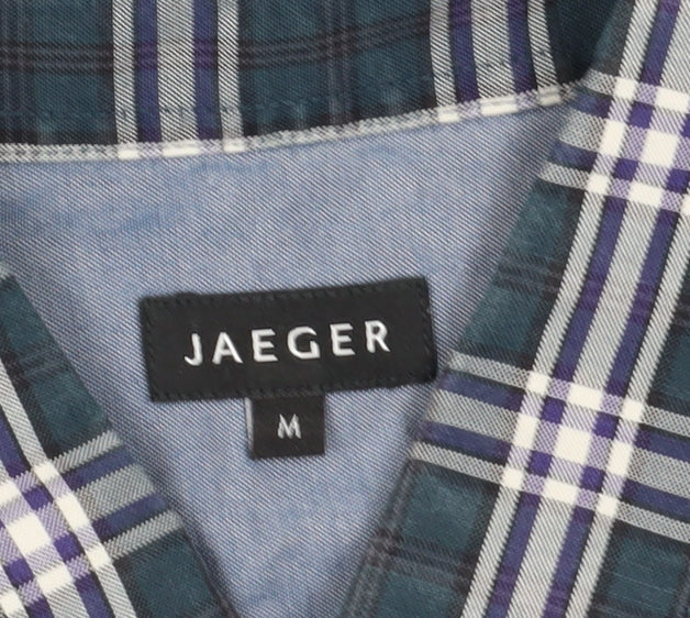 Brand and care label for Jaeger Men's Blue Plaid Long Sleeve Shirt Medium