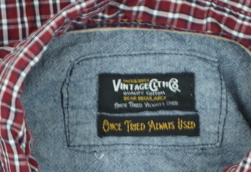 Brand and care label for Vintage Co. Men's Red Check Long Sleeve Shirt L