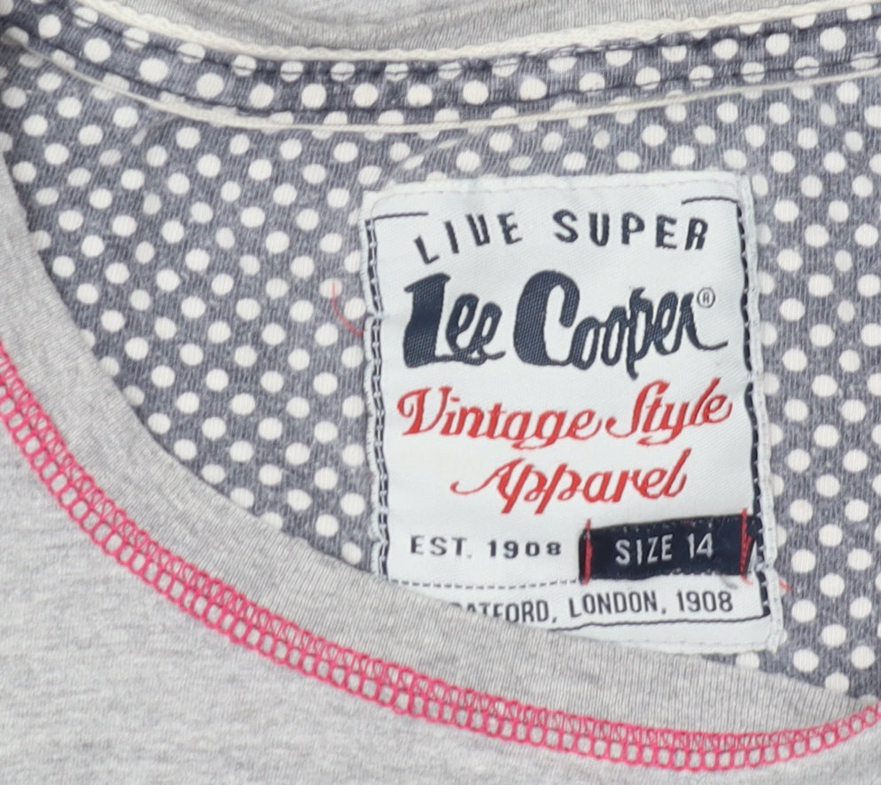 Close-up detail of Lee Cooper Women's Grey T-Shirt, size 14, Casual Vintage Look