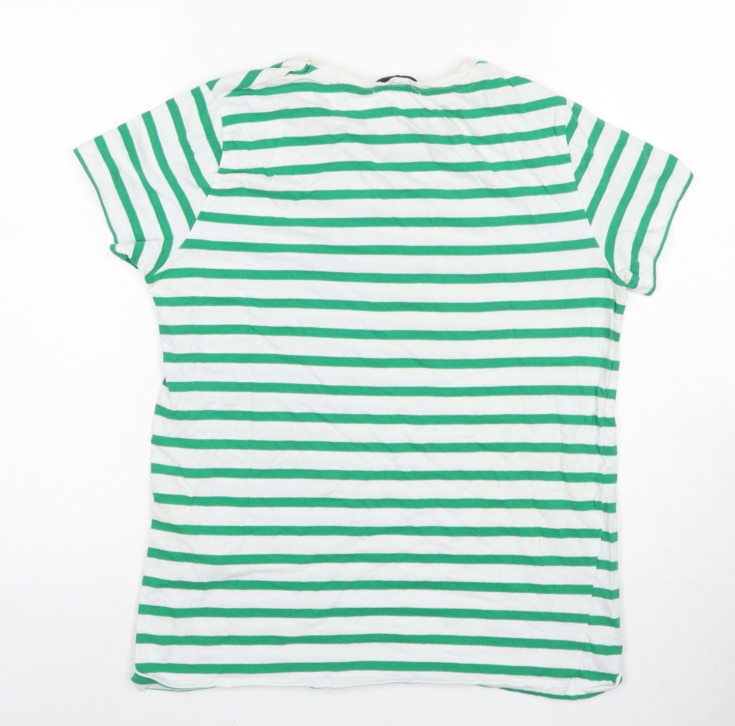 Stradivarius Women's Green Striped T-Shirt Size 4