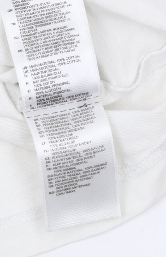 Brand and care label for Adidas boys’' white olympic graphic t-shirt, size 12, - casual style