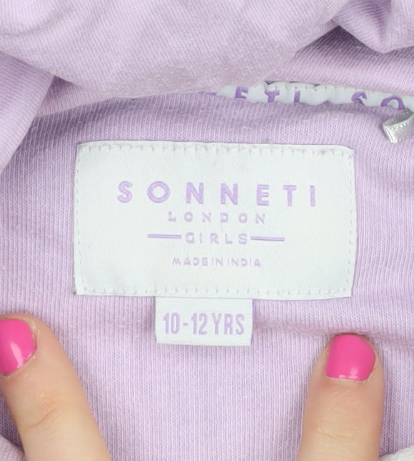 Close-up detail of Sonneti girls’ purple logo hoodie, size 10-11, years