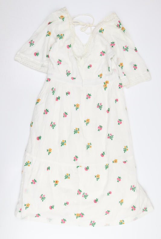 Cath Kidston Women's Ivory Floral Midi Dress Size 10