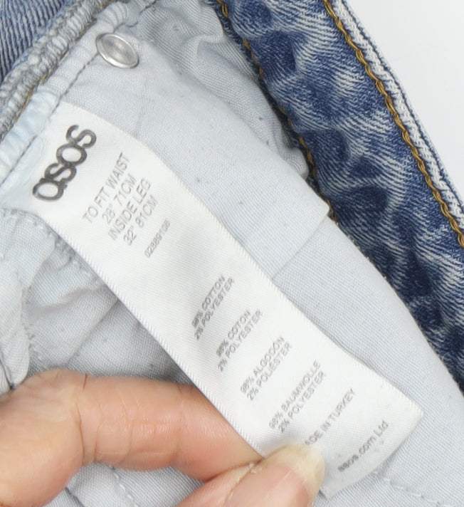 Brand and care label for ASOS Women's Blue Straight Jeans, size 28