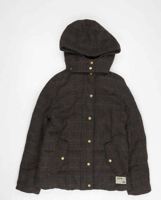 Jack Wills Women's Brown Plaid Wool Blend Hooded Puffer Jacket Size 12