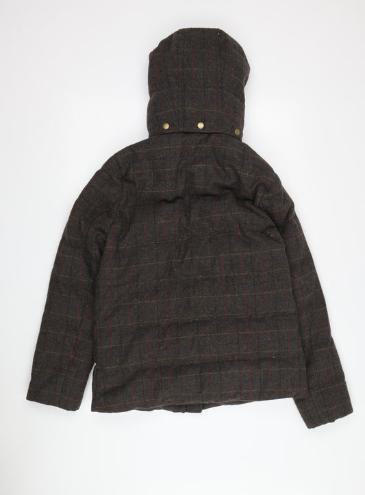 Jack Wills Women's Brown Plaid Wool Blend Hooded Puffer Jacket Size 12