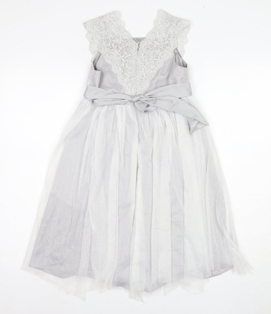 Monsoon Girls White Long A-Line Dress with Lace and Bow