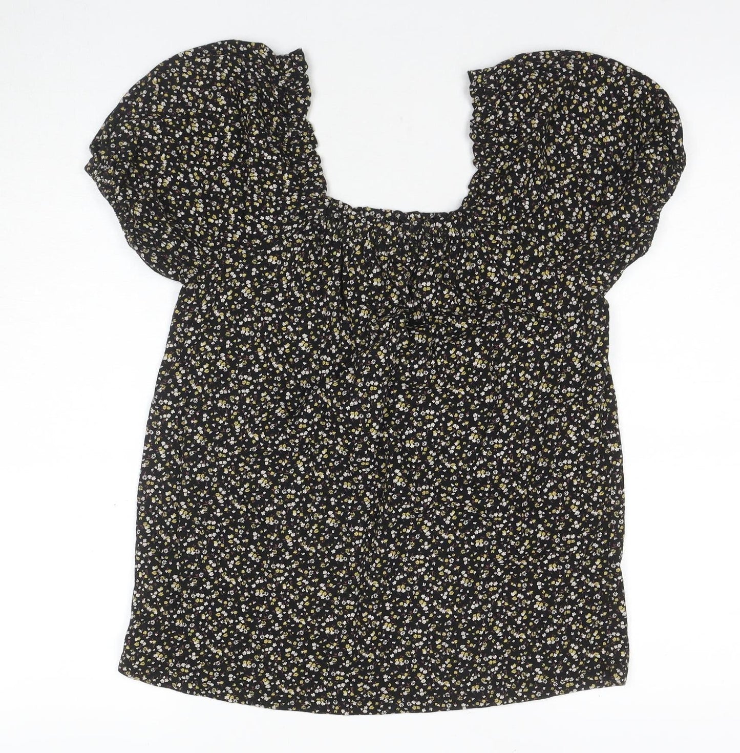 Fat Face Women's Black Floral Blouse, UK 12, Square Neck