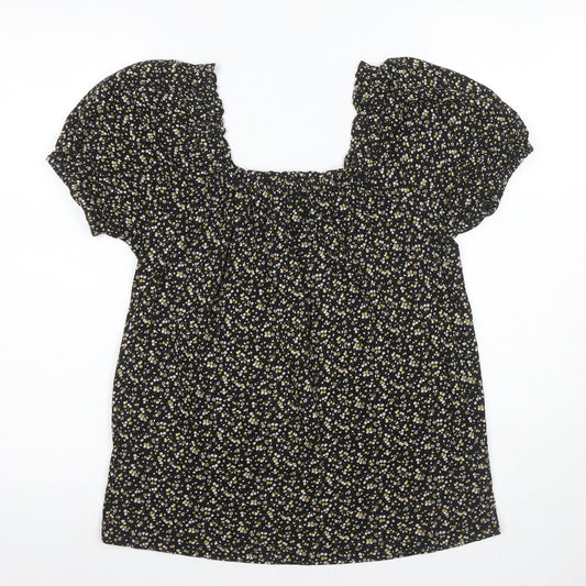Fat Face Women's Black Floral Blouse, UK 12, Square Neck