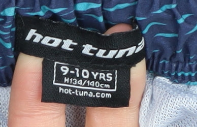 Close-up detail of Hot Tuna boys’ blue striped board shorts 9-10 years