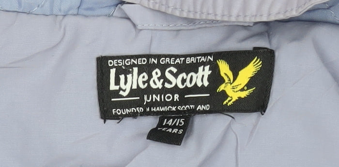 Brand and care label for Lyle & Scott girls’ hooded blue jacket 14-15 years
