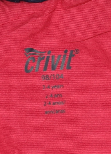 Brand and care label for Crivit boys’ red blue colourblock parka jacket 2-3 years