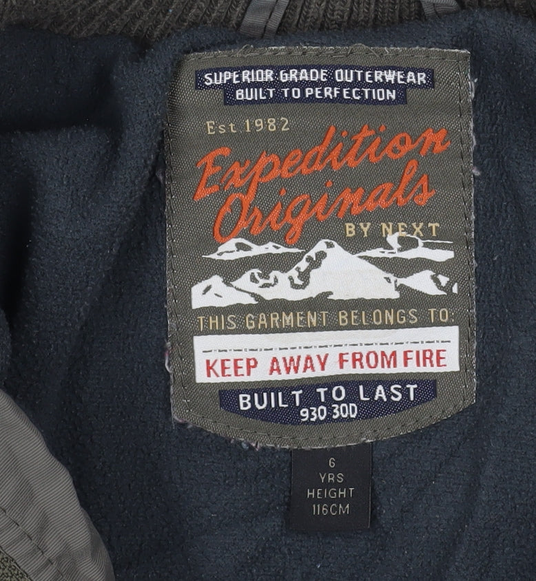 Brand and care label for Next boys’ grey puffer jacket 6 years lined hooded