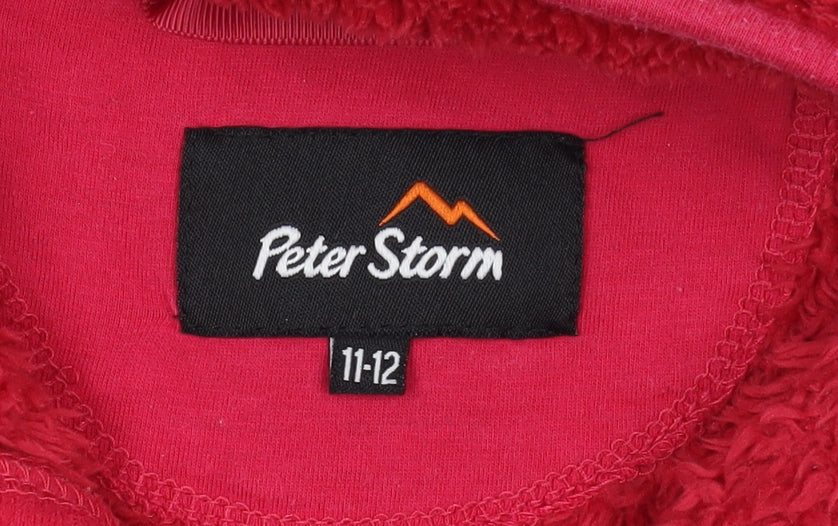 Brand and care label for Peter Storm girls’ fleece sweatshirt red 11-12 years 1/2 zip