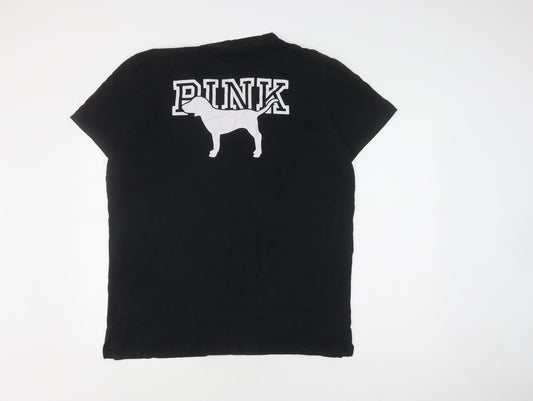 Womens UK Size L PINK Black 100% Cotton T-Shirt