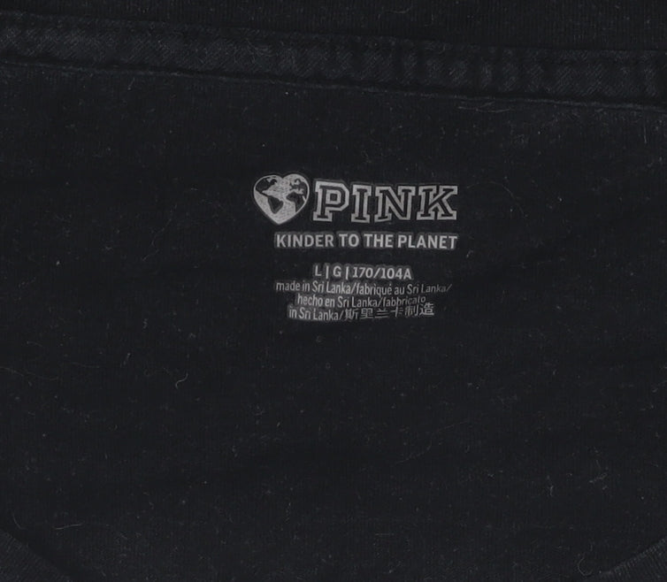 Pink Women's Black T-Shirt Size L Crew Neck