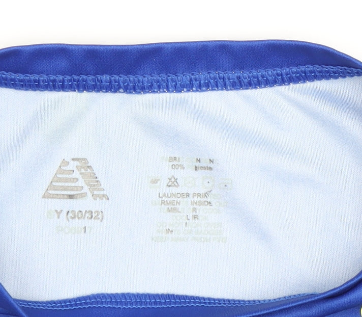 Close-up detail of Pendle boys’ blue football jersey t-shirt, size S