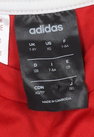 Brand and care label for Adidas boys’ red t-shirt, uk, size 7-8, sports jersey