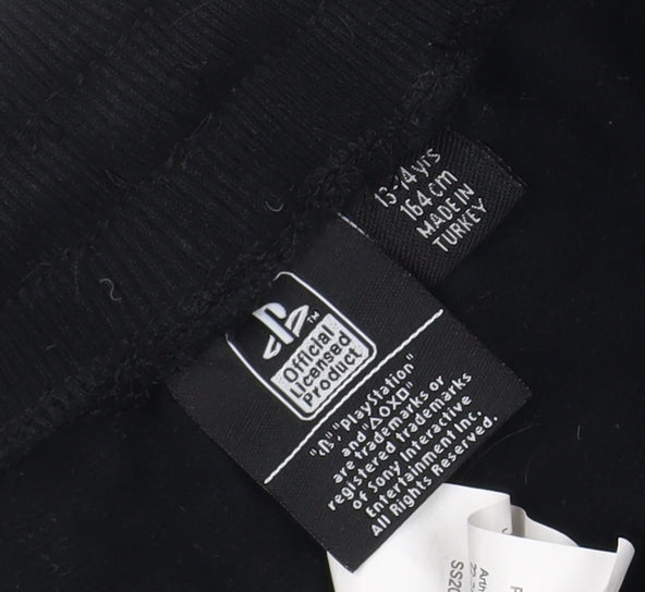 Brand and care label for PlayStation boys’ black jogger trousers 14 years