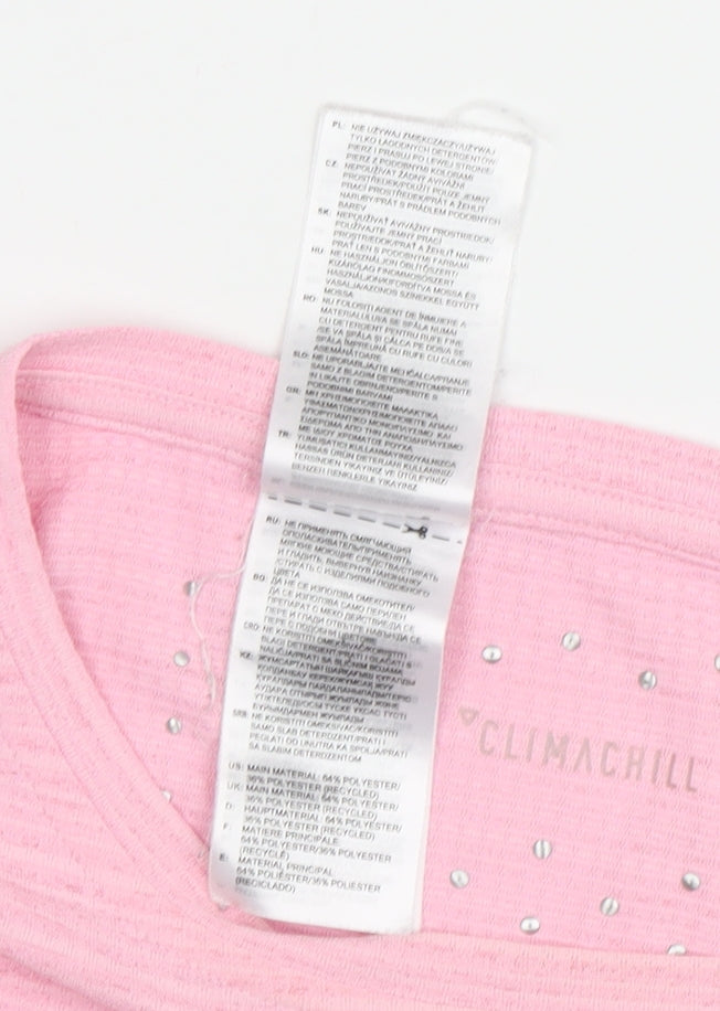 Brand and care label for Adidas Women's Pink T-Shirt, size 12, Crew Neck