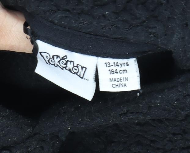 Close-up detail of Pokémon girls’ black fleece pikachu hoodie 13-14 years