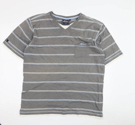 Slazenger Men's Grey Striped V-Neck T-Shirt, Size L
