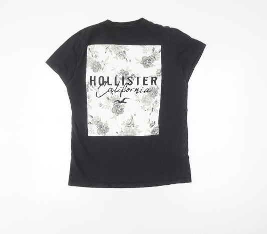 Hollister Men's Black T-Shirt, Floral Graphic, Size S