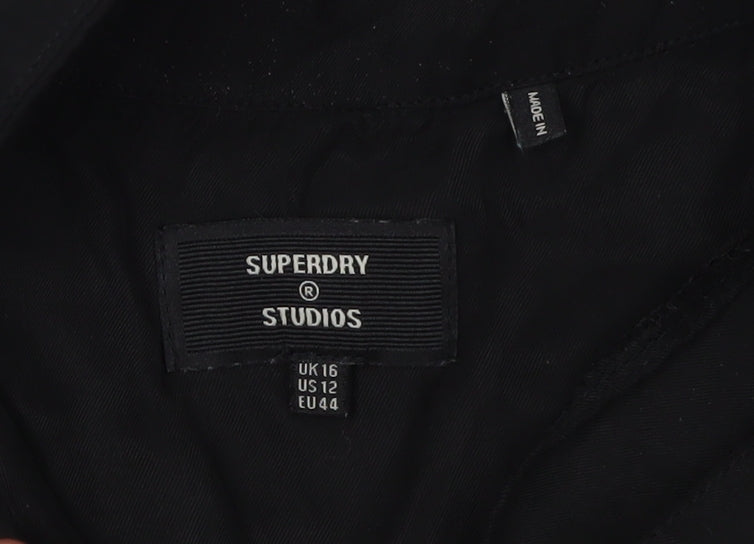 Superdry Women’s Black Blouse UK 16, Collared Button-Up
