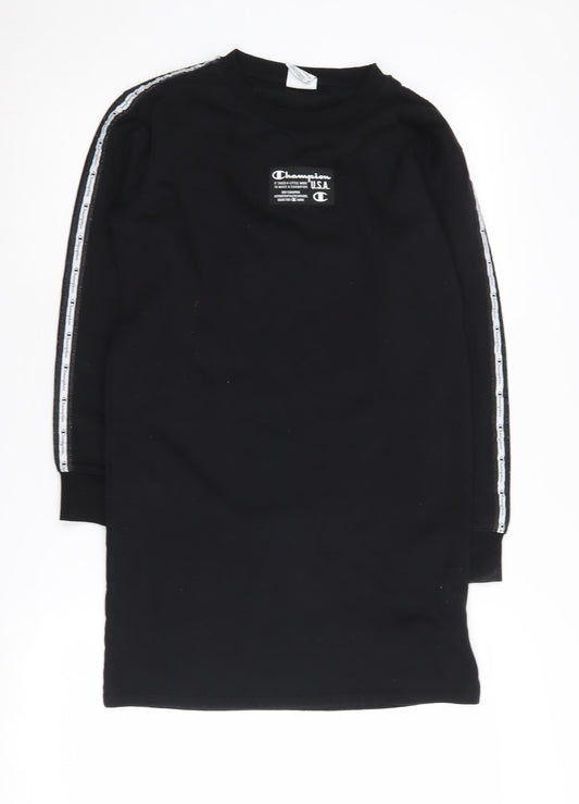 Additional front view of Champion girls’ black sweatshirt 11y, tunic style, logo detail