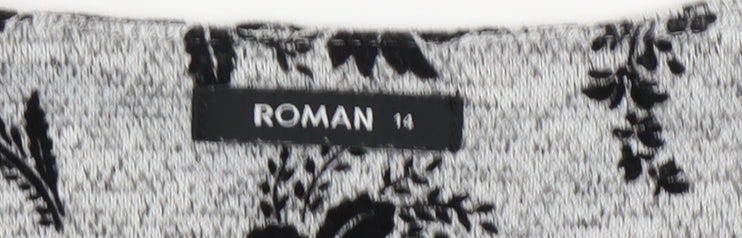 Close-up detail of Roman Women's Grey Floral Shift Dress, size 14