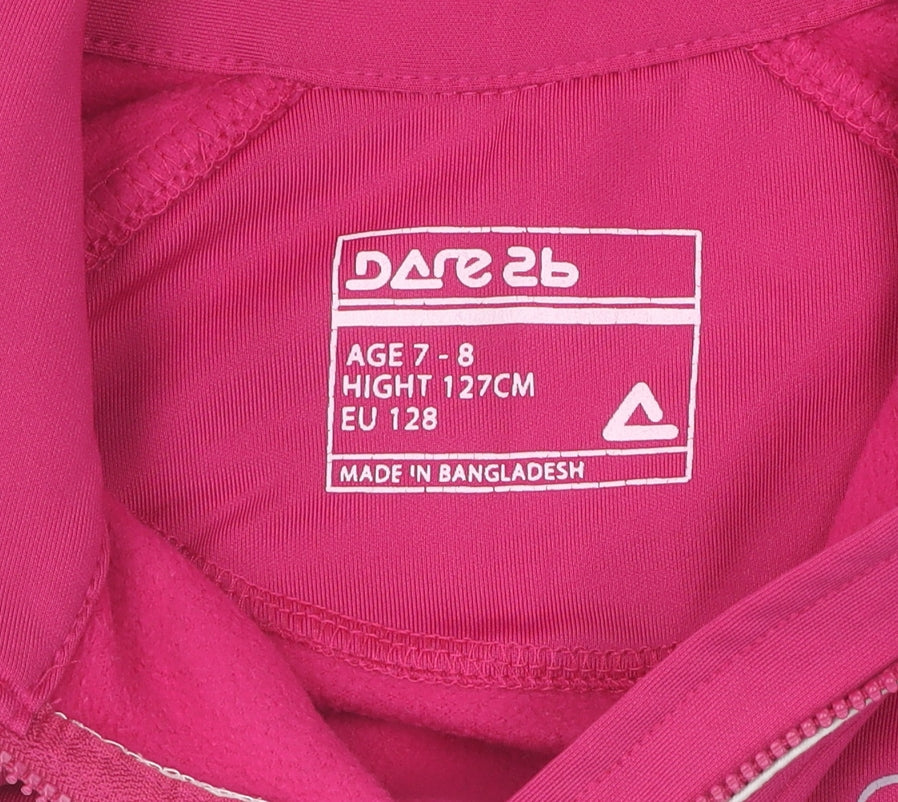 Brand and care label for Dare 2b girls’ pink hoodie, size 7-8, lightweight fleece jacket