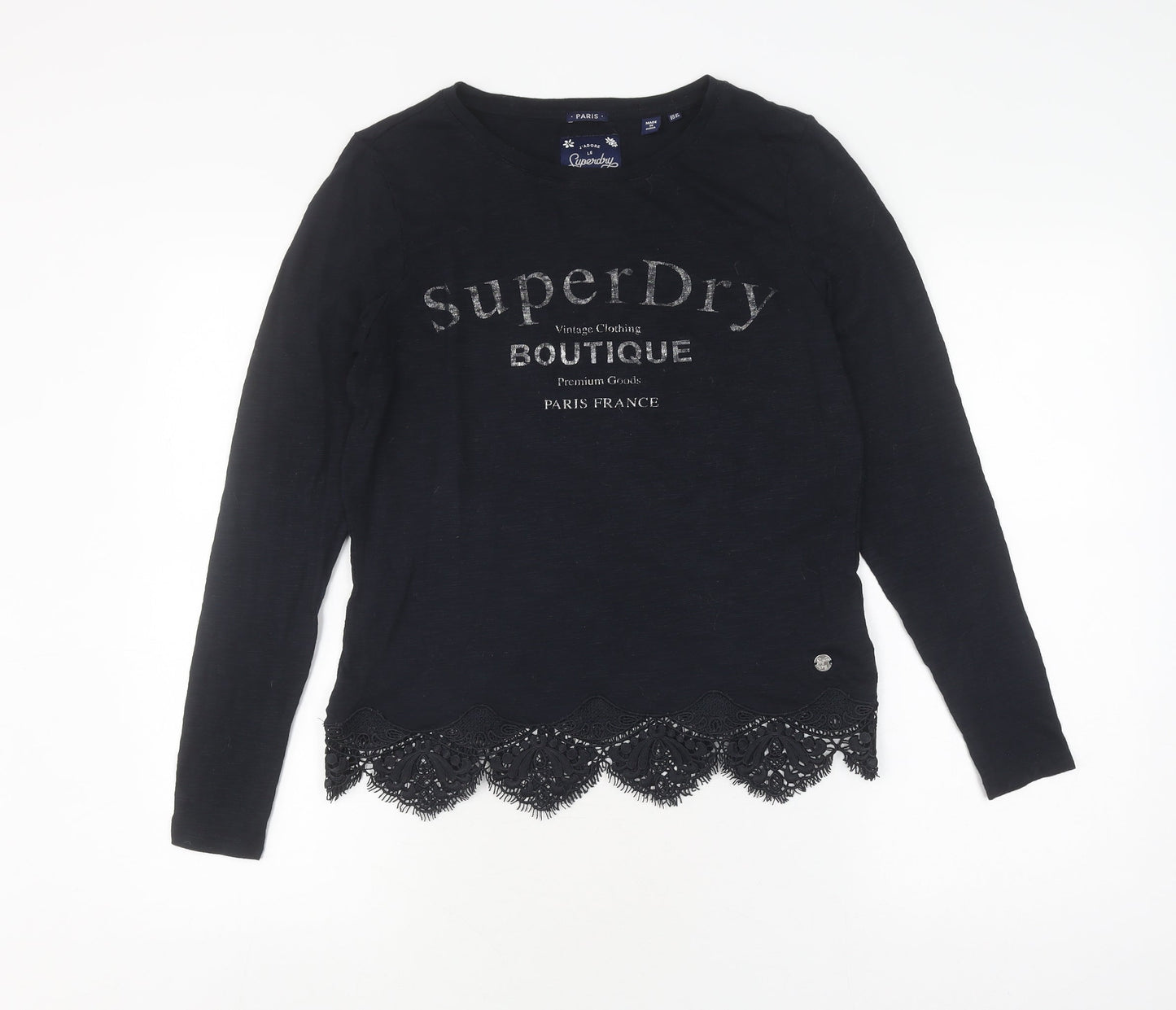 Superdry Women's Black Lace Hem T-Shirt Size 10