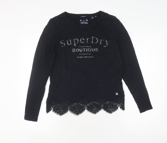 Superdry Women's Black Lace Hem T-Shirt Size 10