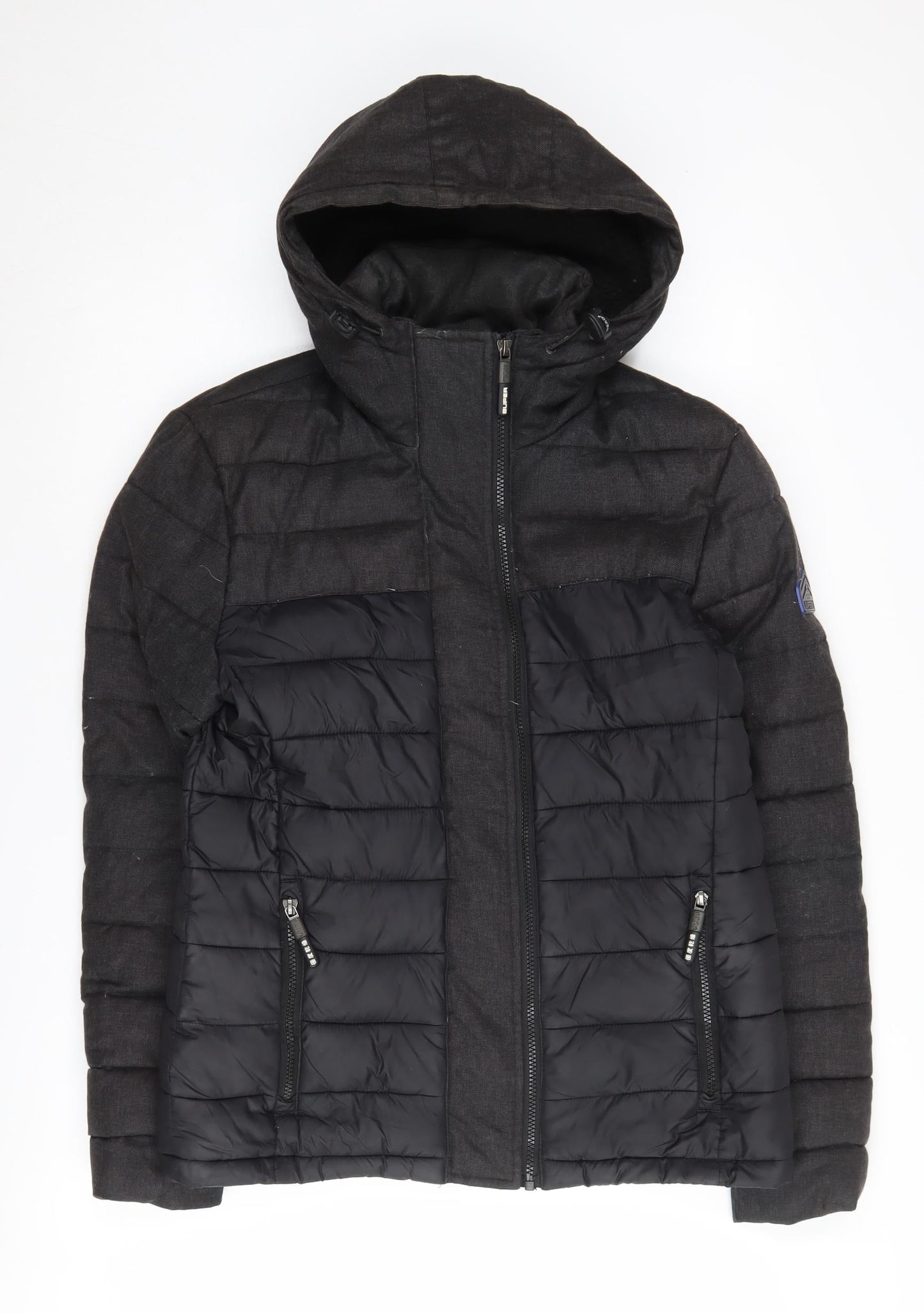Superdry Mens Black Puffer Jacket M Hooded Mid-Length