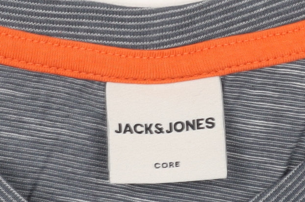 Jack & Jones Men's Grey Striped T-Shirt, Size L, Logo Accent