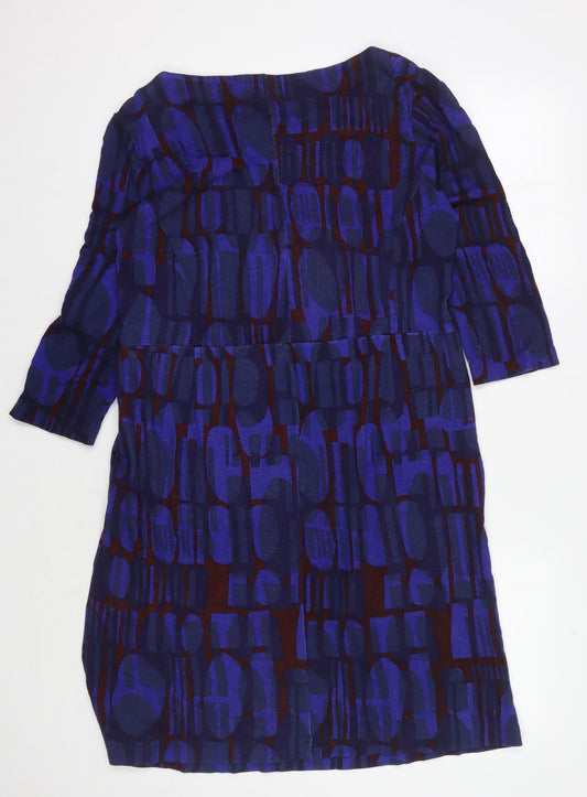 White Stuff Women's Blue Geometric Dress, UK 14, 3/4 Sleeve