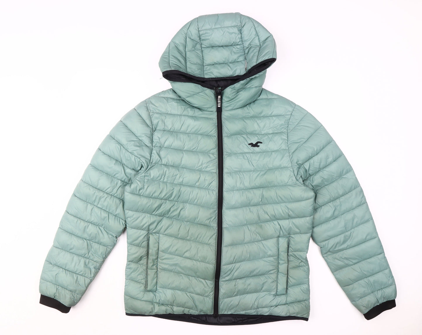Hollister Men's Green Puffer Jacket Size M Hooded Casual