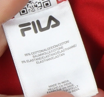 Brand and care label for Fila boys’ red graphic print t-shirt, size 4, years