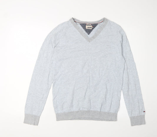 Tommy Hilfiger Men's Grey V-Neck Striped Pullover - S