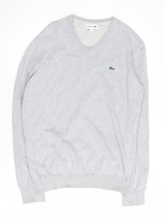 Lacoste Men's Grey V-Neck Cotton Pullover Jumper L