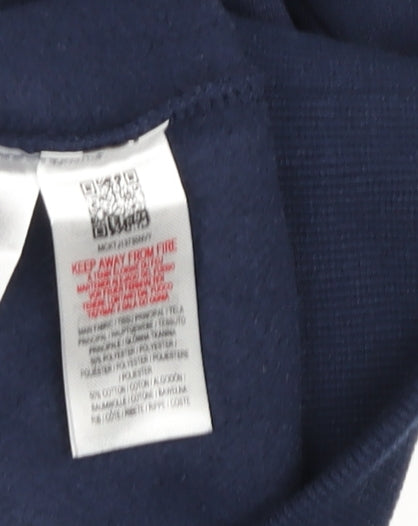 Brand and care label for McKenzie boys’ blue pullover sweatshirt 12-13 years