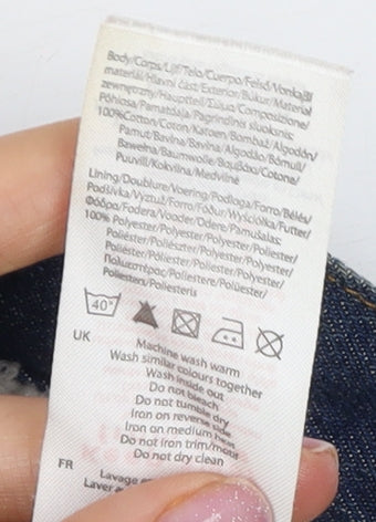 Brand and care label for Firetrap girls’ blue denim jacket, size 11-12, lined casual