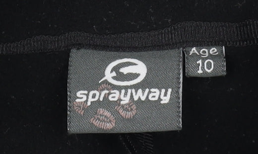 Brand and care label for Sprayway girls’ black fleece jacket, size 10, years, full zip