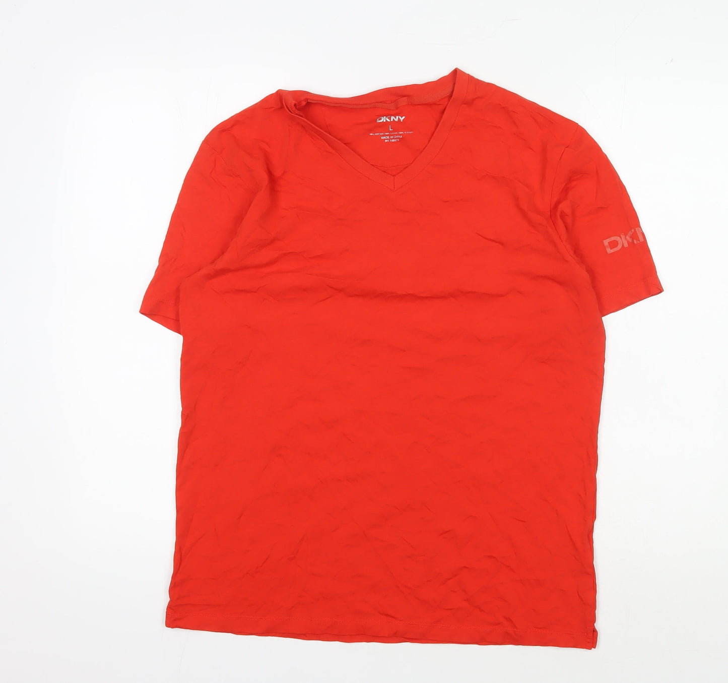DKNY Men's Red V-Neck T-Shirt, Size L, Cotton, Logo Accent