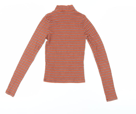 Hollister Women's Orange Striped High Neck Jersey T-Shirt XS