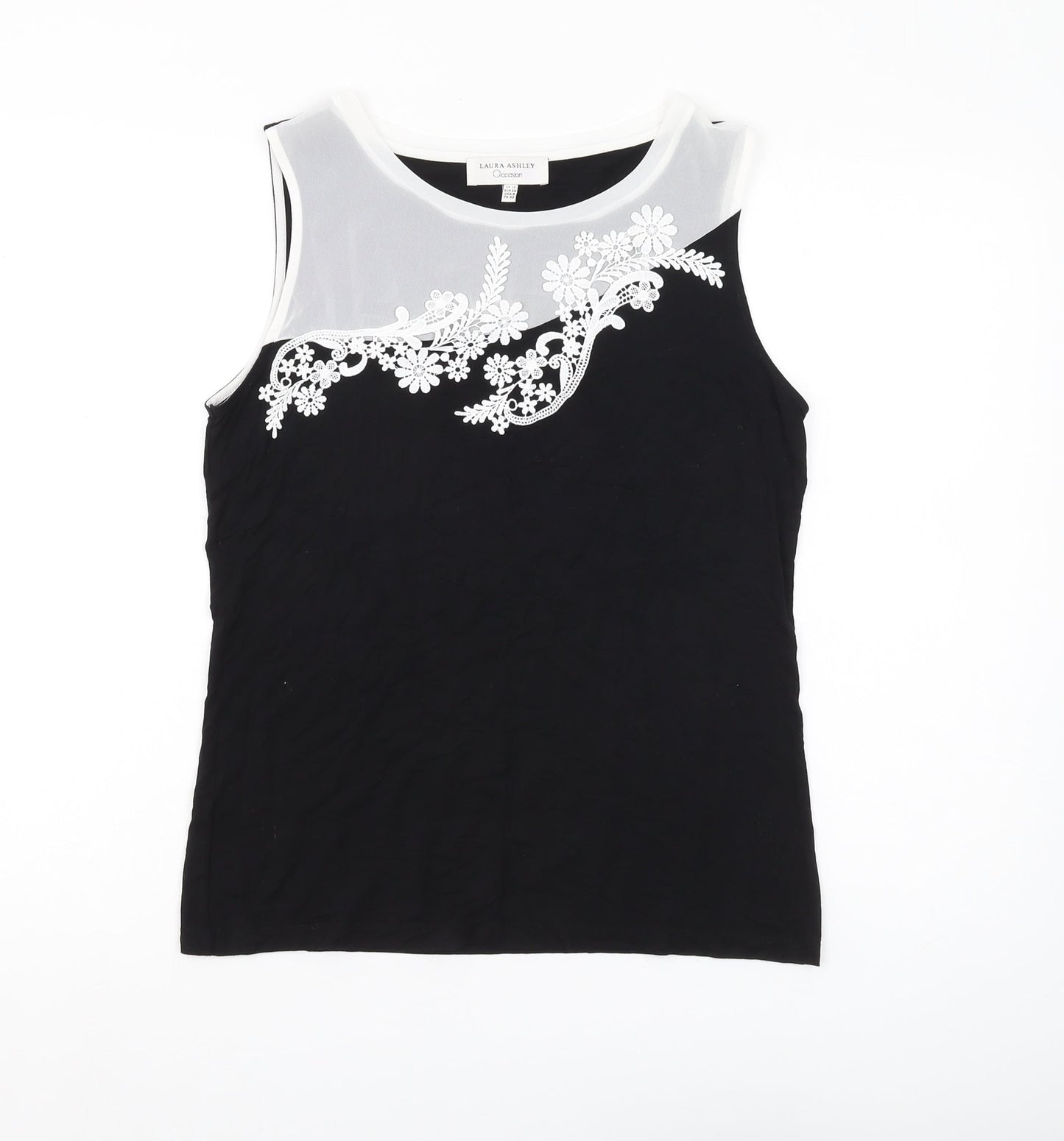 Laura Ashley Women's Black Tank Top, Size 12, Floral Embroidery