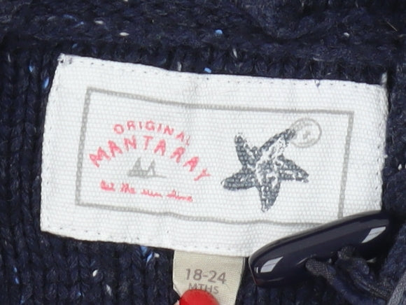 Brand and care label for Mantaray unisex baby blue knit hooded pullover, 18-24 months