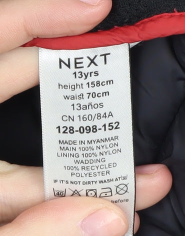 Brand and care label for Next boys’ black puffer jacket 13 years hooded