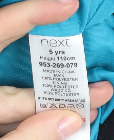 Close-up detail of Next boys’ black puffer jacket 5 years with hood